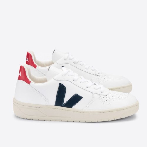 Veja V-10 Leather Womens Trainers White/Red/Navy UK 58877